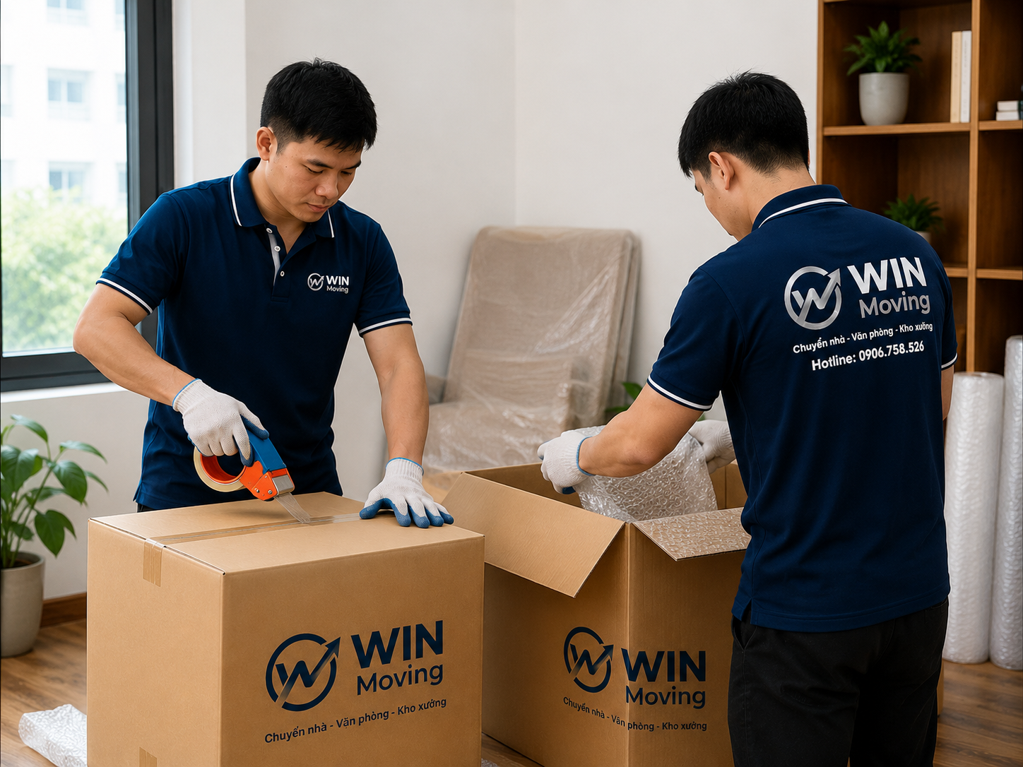 Công nhân Win Moving đóng gói đồ đạc tại TP.HCM